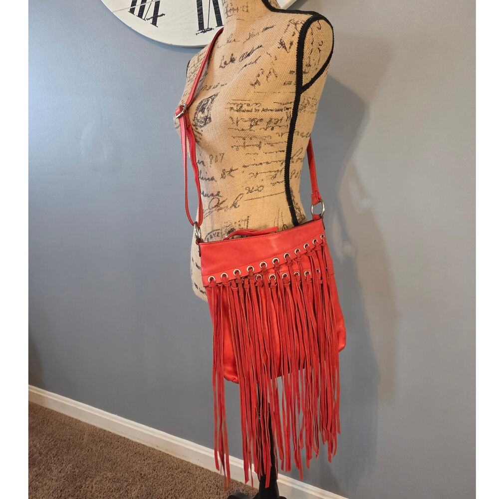 Lucky Brand 100% leather crossbody fringe purse red boho western medium bag